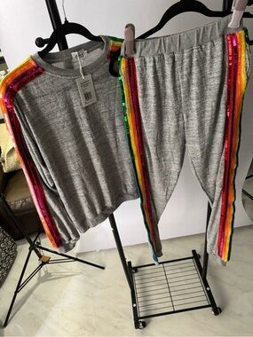 Lola + The Boys Gray Sweatshirt & Jogger Set with Rainbow Sequin Stripes